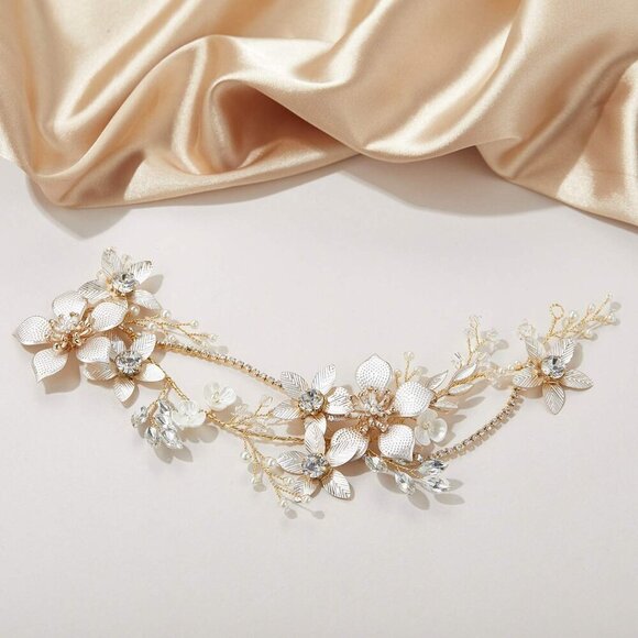 Gold Bridal Headpiece Pearl Crystal Flower Hair Vine for Weddings and Formal Eve main image 5
